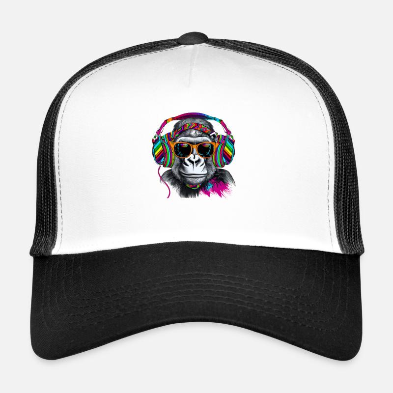 Singe accroche-regard avec écouteurs et lunettes de soleil Casquette trucker 
