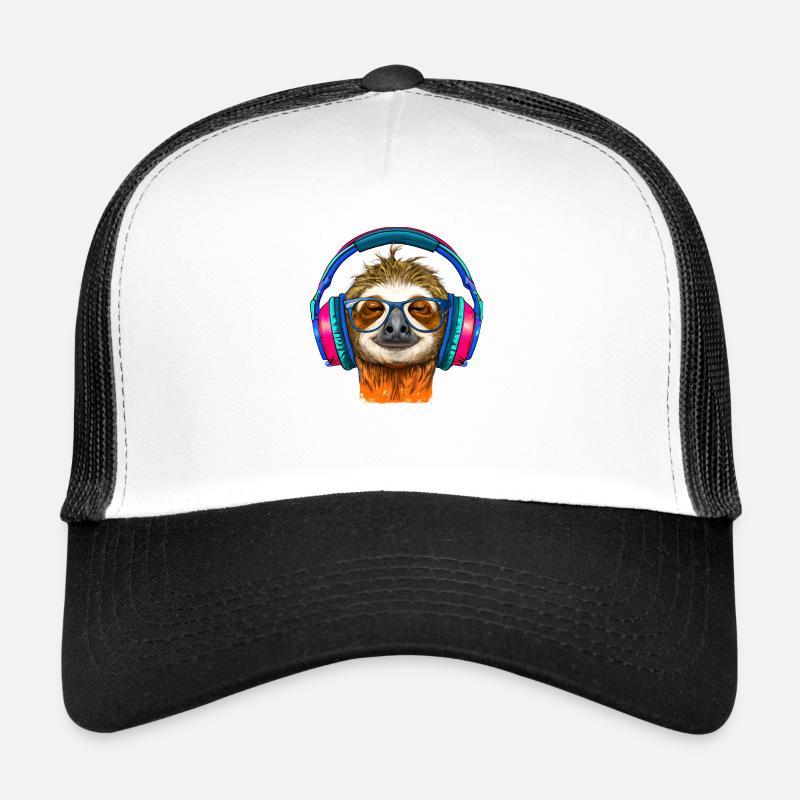Cooles Faultier mit Kopfhörern hört Musik - Trucker Cap - Weiß/Schwarz