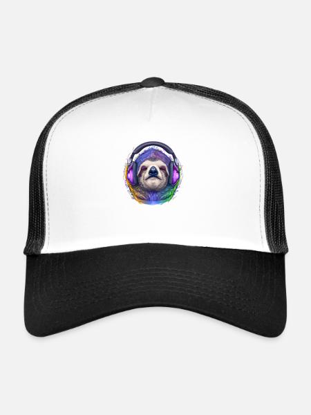 Cool paresseux avec des écouteurs écoute de la musique - Casquette trucker  - blanc/noir - Devant
