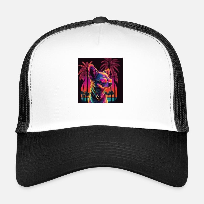 Neon dog with palm trees Trucker Cap