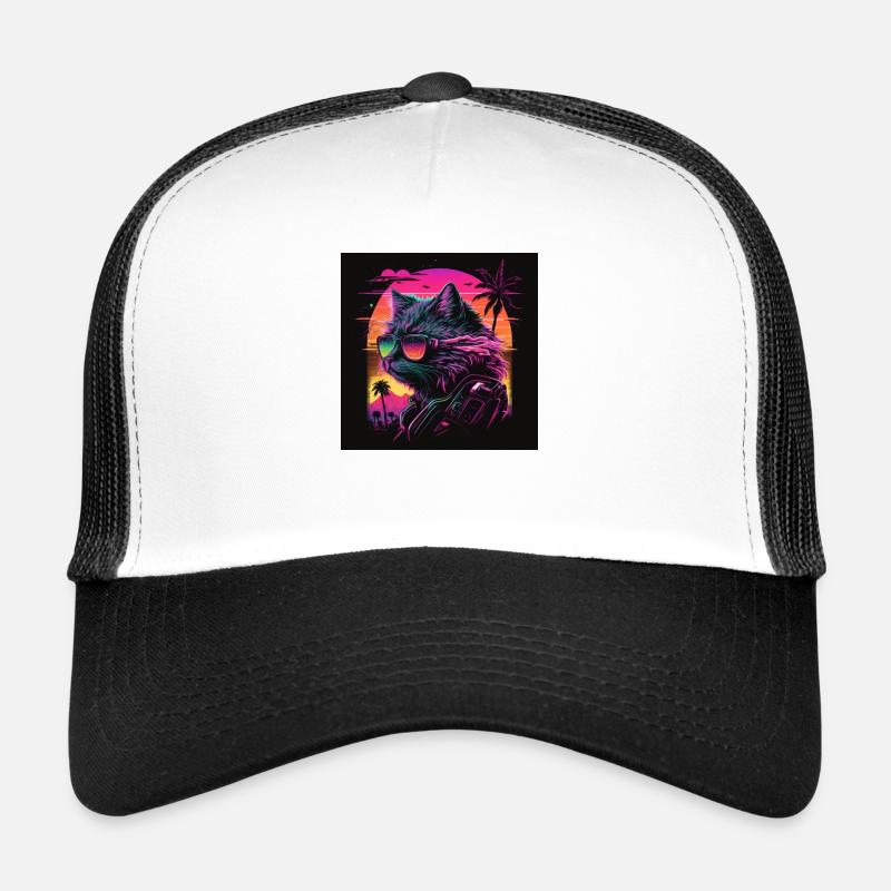Chat aux couleurs néon, synthwave / 80s Casquette trucker 