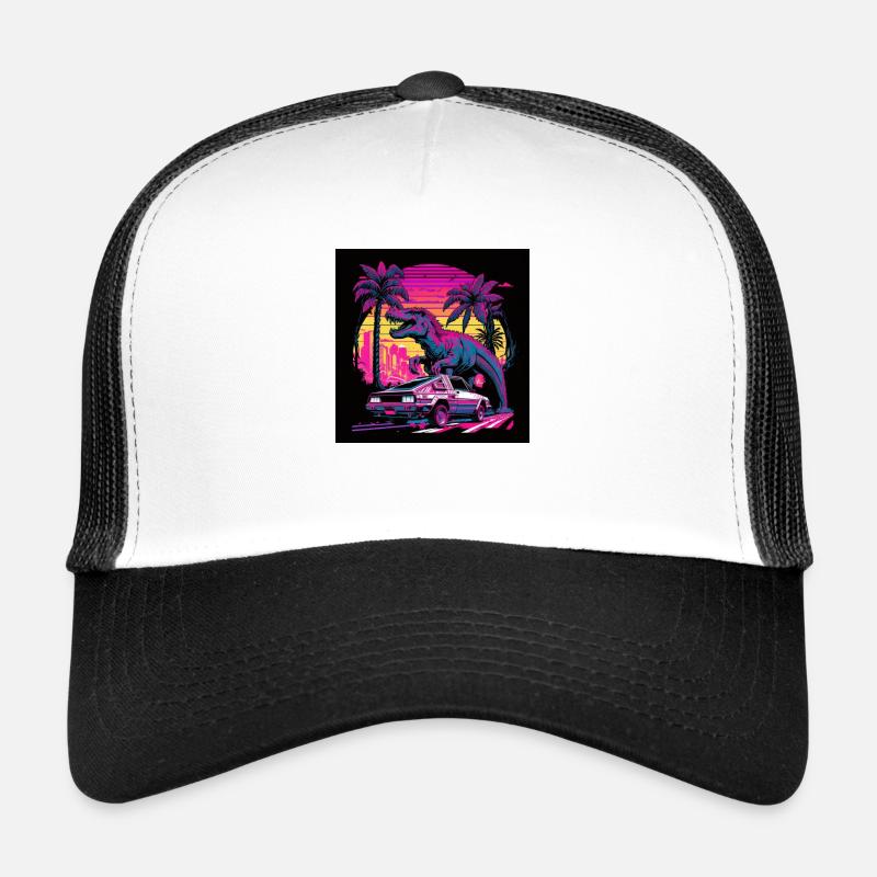 Dinosaurs with neon colors, synthwave / 80s Trucker Cap