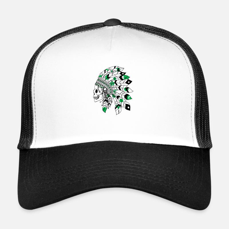 crâne avec coiffe indienne noir et vert Casquette trucker 