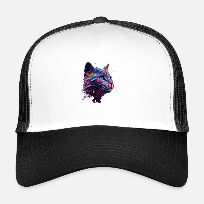 Chat psychédélique - Casquette trucker  - blanc/noir