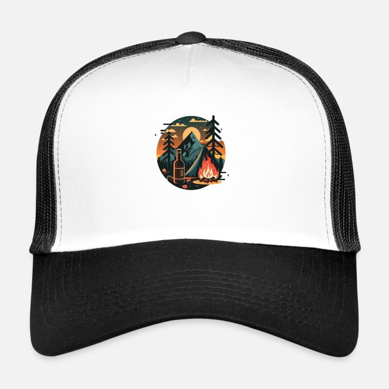 Camping avec bière et feu de camp dans la nature. Casquette trucker 