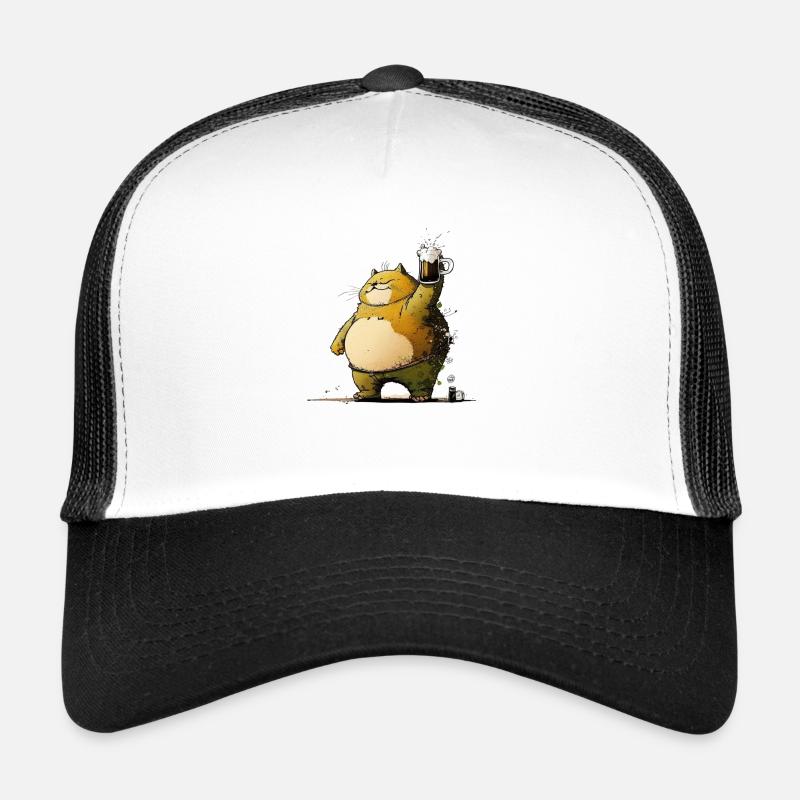 Dicke Katze feiert mit Bier Trucker Cap