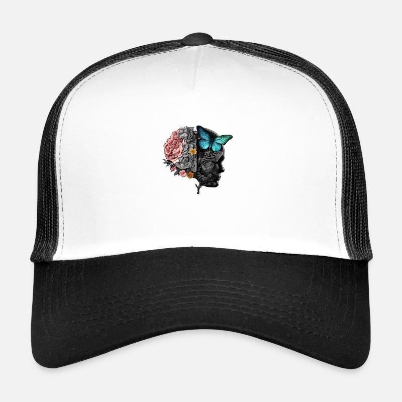 Half Vintage Flower brain Batterfly Ur-Tshirt - Trucker Cap - Weiß/Schwarz