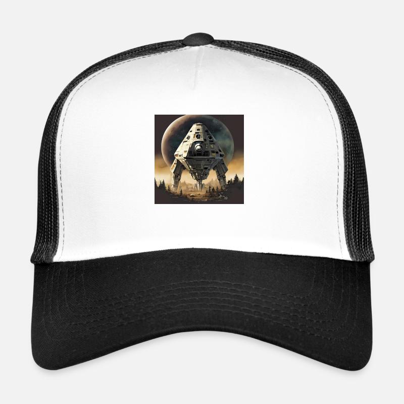 Futuristisches Raumschiff, das im Wald landet Trucker Cap