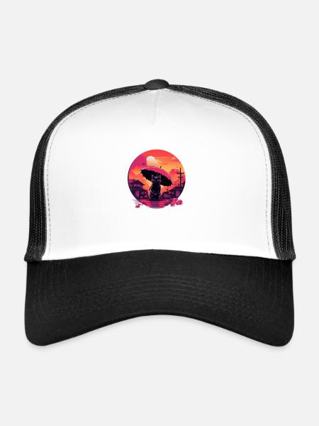 Synthwave japan Cat with umbrella - Trucker Cap - white/black