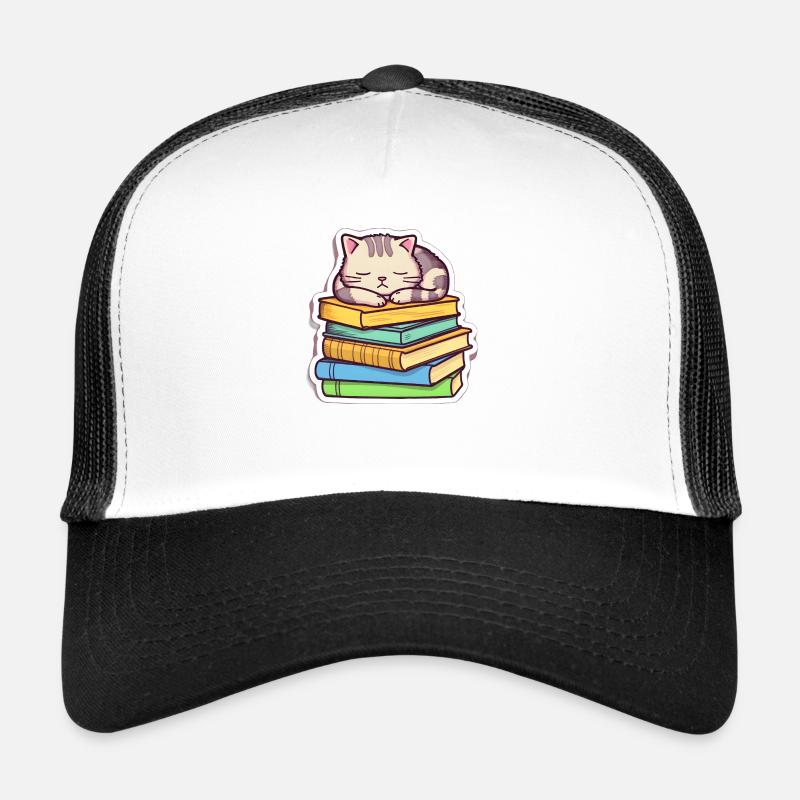Chat de livre couché - Casquette trucker  - blanc/noir