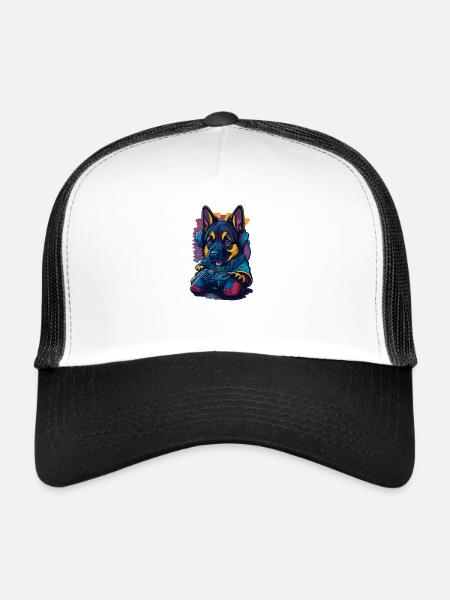 Le chiot berger allemand joue avec le contrôle du gibier - Casquette trucker  - blanc/noir - Devant