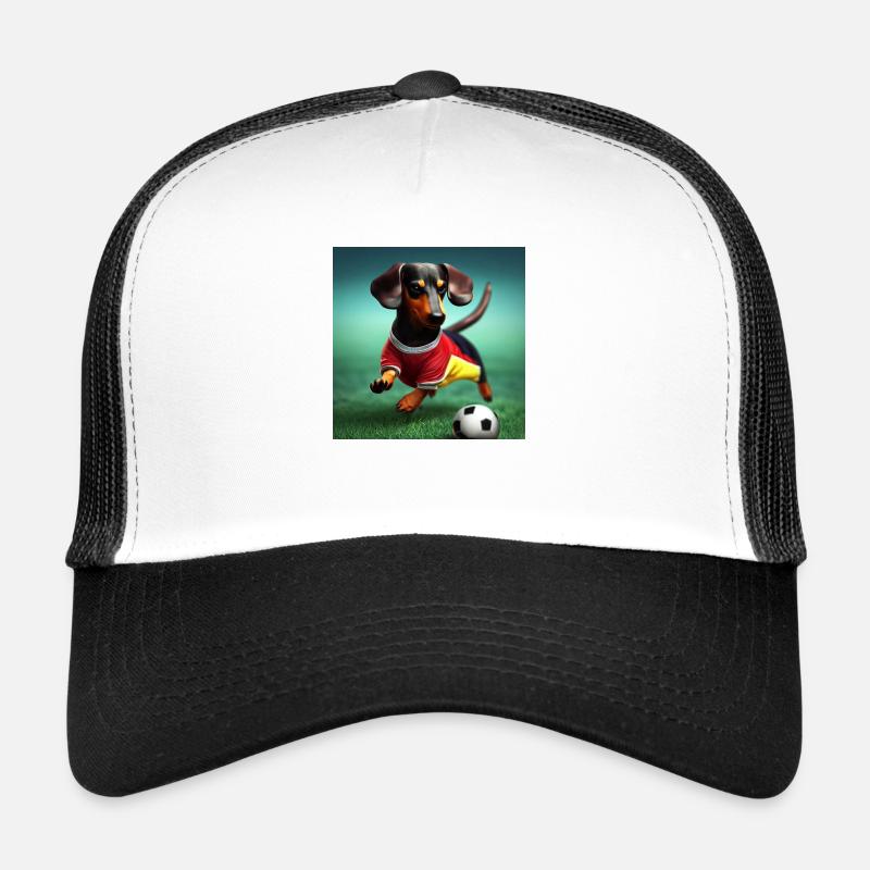 Dackel beim Fußballspielen - Trucker Cap - Weiß/Schwarz