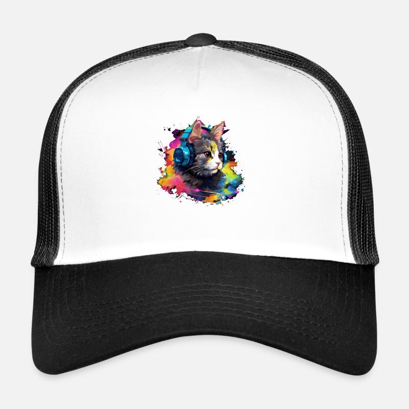 Katzen Design coole Katze mit Kopfhörer Vintage - Trucker Cap - Weiß/Schwarz