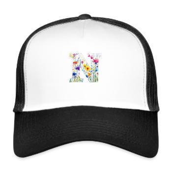 Buchstabe N, Monogramm, Blumenmuster - Trucker Cap - Weiß/Schwarz - Vorne