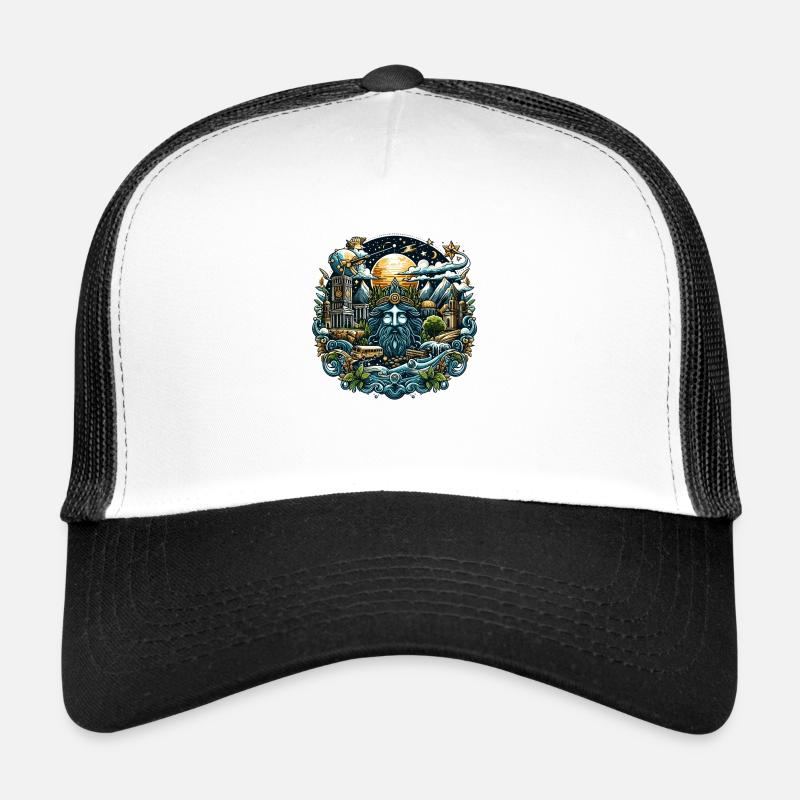 Bearded Man with City and Mountains Trucker Cap