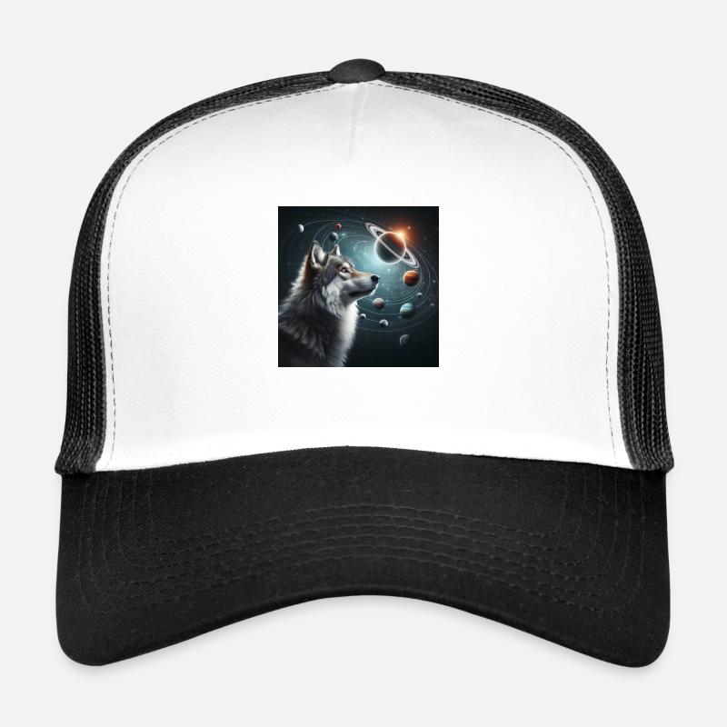 Un loup gris qui regarde le ciel étoilé. Casquette trucker 