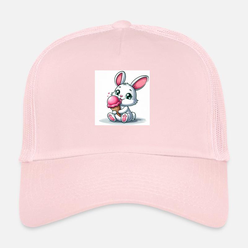 Lapin mignon assis sur de la crème glacée molle en train de manger. Été 2024 Casquette trucker 