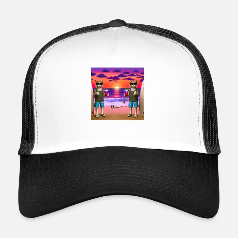 Gato Loco Surfdudes Chat Chats Plage Coucher De Soleil Casquette trucker 
