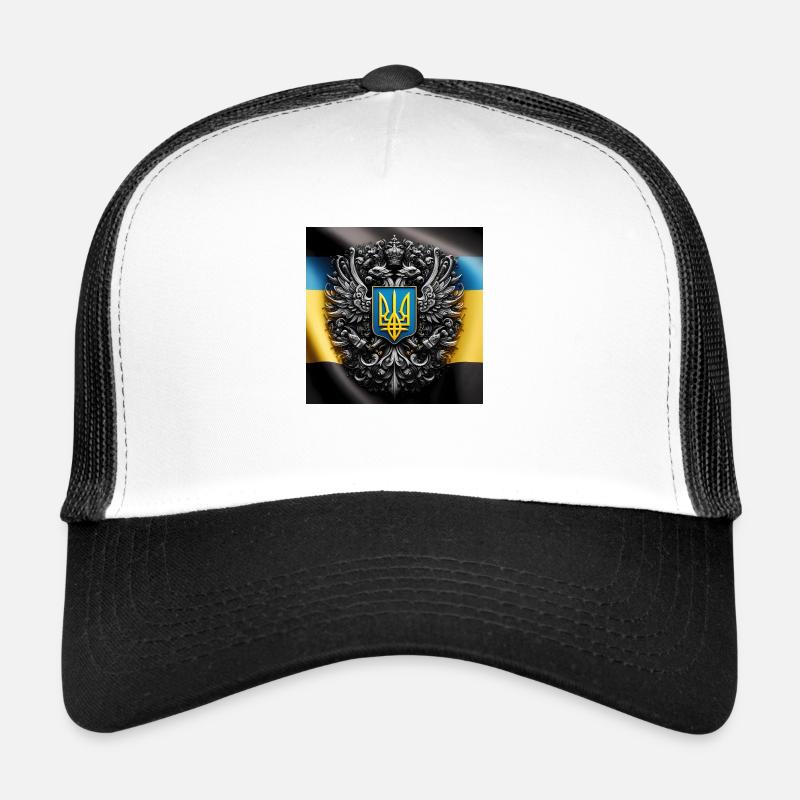 Ukrainisches Wappen auf der Ukrainischen Flagge - Trucker Cap - Weiß/Schwarz