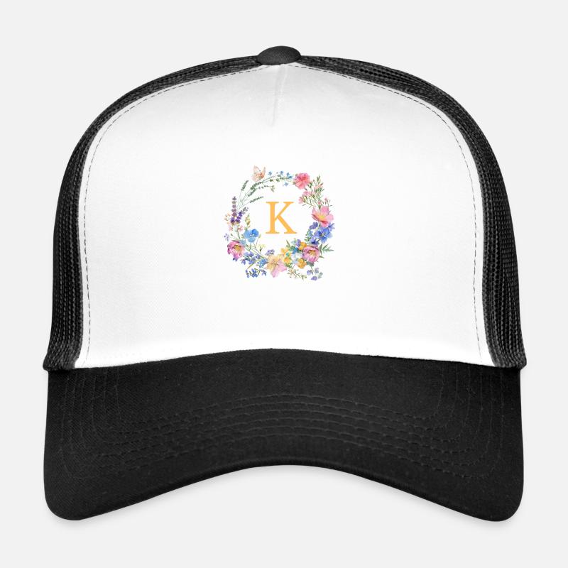 K Monogram Floral, Couronne de fleurs, personnalisable Casquette trucker 