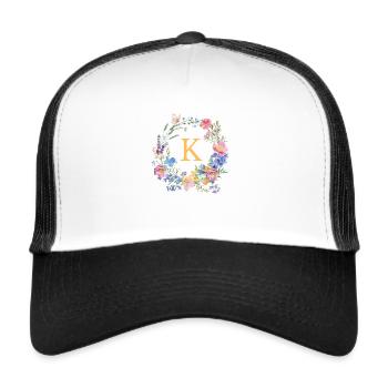 K Monogram Floral, Floral Wreath, Personalizable - Trucker Cap - white/black - Front