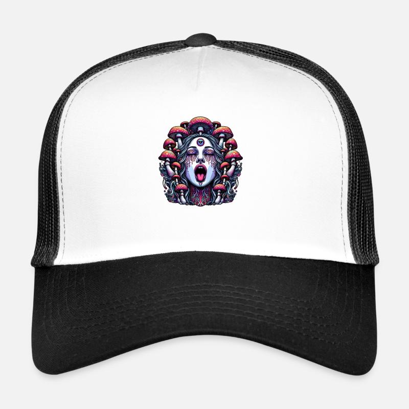 Trippy Frauengesicht mit Magic Mushrooms Trucker Cap