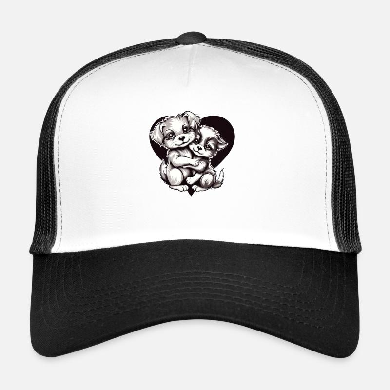 Two Puppies Hugging Inside a Heart Trucker Cap