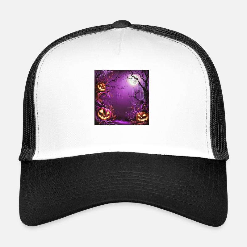 Forêt violette effrayante au clair de lune avec des citrouilles Casquette trucker 