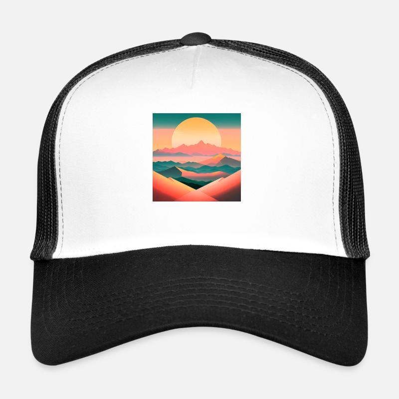 Sunrise over a stylized mountain landscape Trucker Cap
