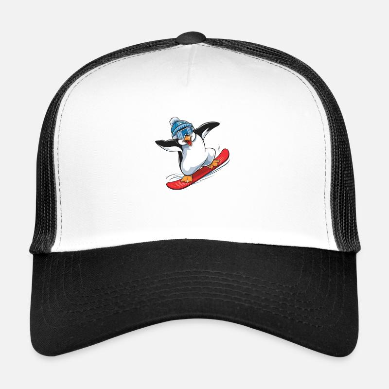 Penguin Winter Snowboarder on Snowboard Trucker Cap