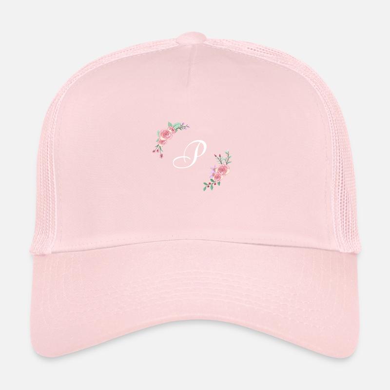 Rosa Blumenbuchstabe p Trucker Cap