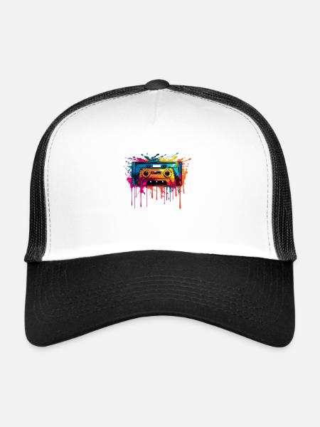 Cassette design rétro - Casquette trucker  - blanc/noir - Devant