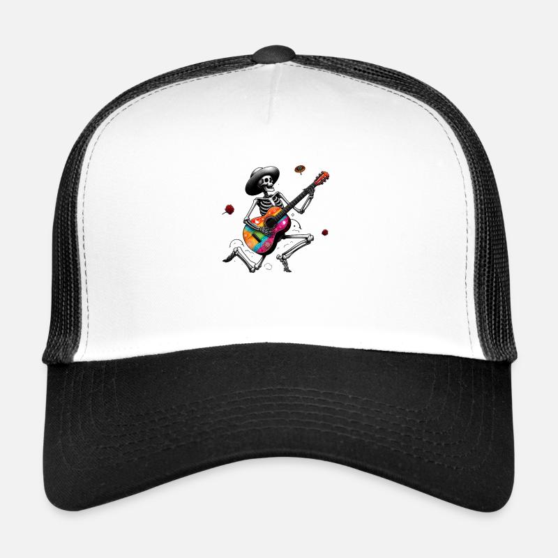Skeleton playing guitar. Casquette trucker 