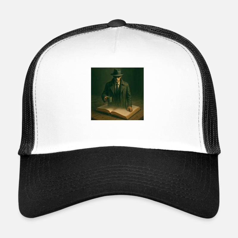 Hauptfigur eines Kriminalromans klettert aus dem Buch Trucker Cap