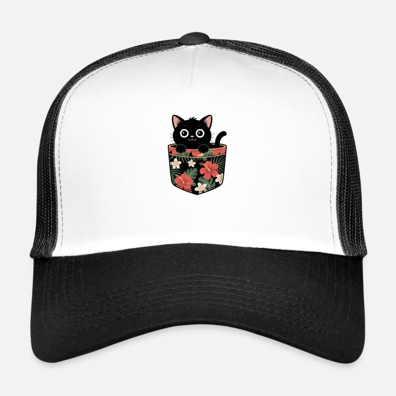 Chat noir mignon dans un design de poche tropicale Casquette trucker 
