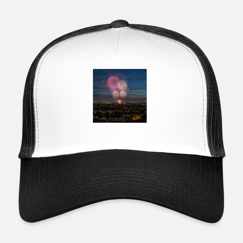 Fireworks over the city at night Trucker Cap