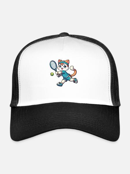 Chat de sport : joueur de tennis - Casquette trucker  - blanc/noir - Devant