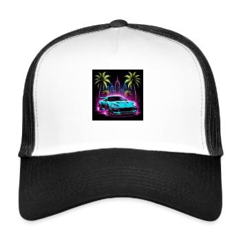 JDM Sportcar Tuning Palmen Neon Licht Stadt - Trucker Cap - Weiß/Schwarz - Vorne