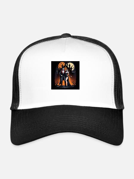 Vampire Couple Halloween Citrouille Chauve-souris Costume - Casquette trucker  - blanc/noir - Devant