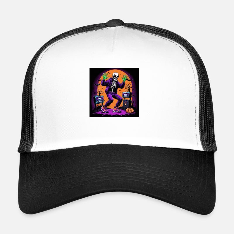 Skeleton Halloween Dance Cemetery Pumpkin Retro Trucker Cap