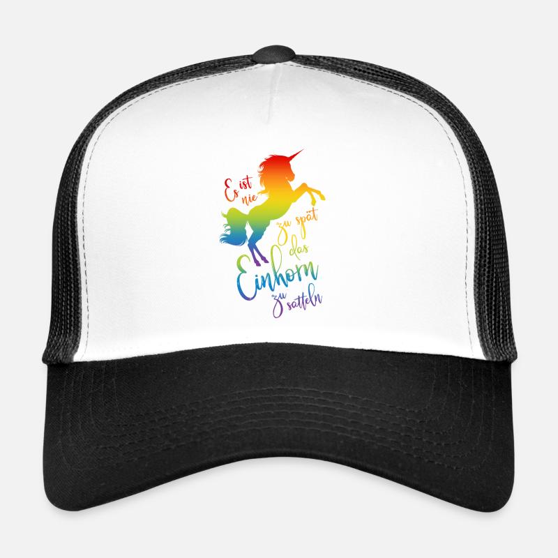 Einhorn satteln Spruch Regenbogen Silhouette bunt - Trucker Cap - Weiß/Schwarz