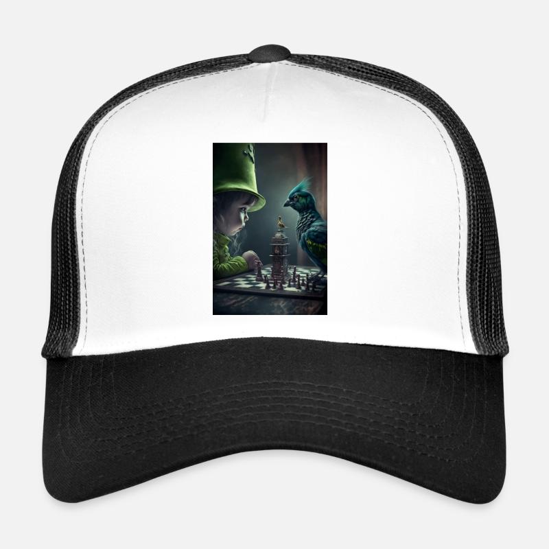 Grüner Vogel spielt Schach - Trucker Cap - Weiß/Schwarz