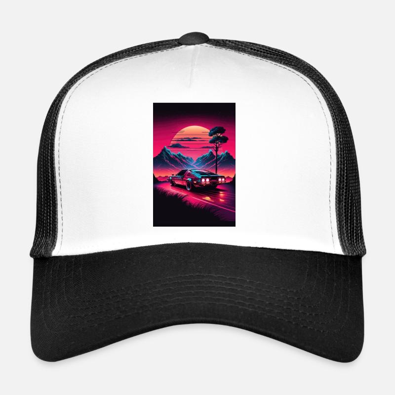 Synthwave Landshaft Rennauto Retro Sonne Palmen Trucker Cap