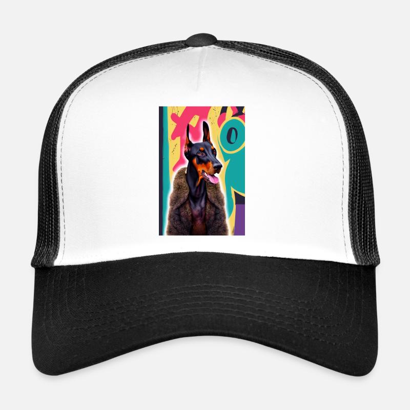 Bosshafter Dobermann im Pelzmantel vor Graffiti Trucker Cap