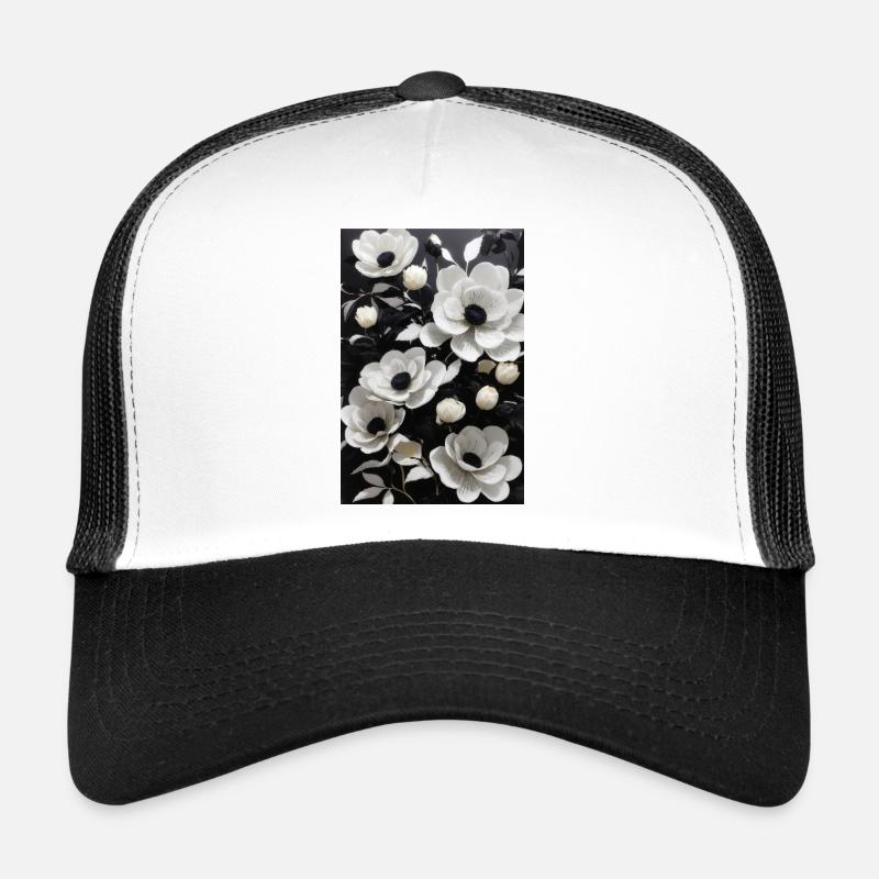 White flowers against a black background. Trucker Cap