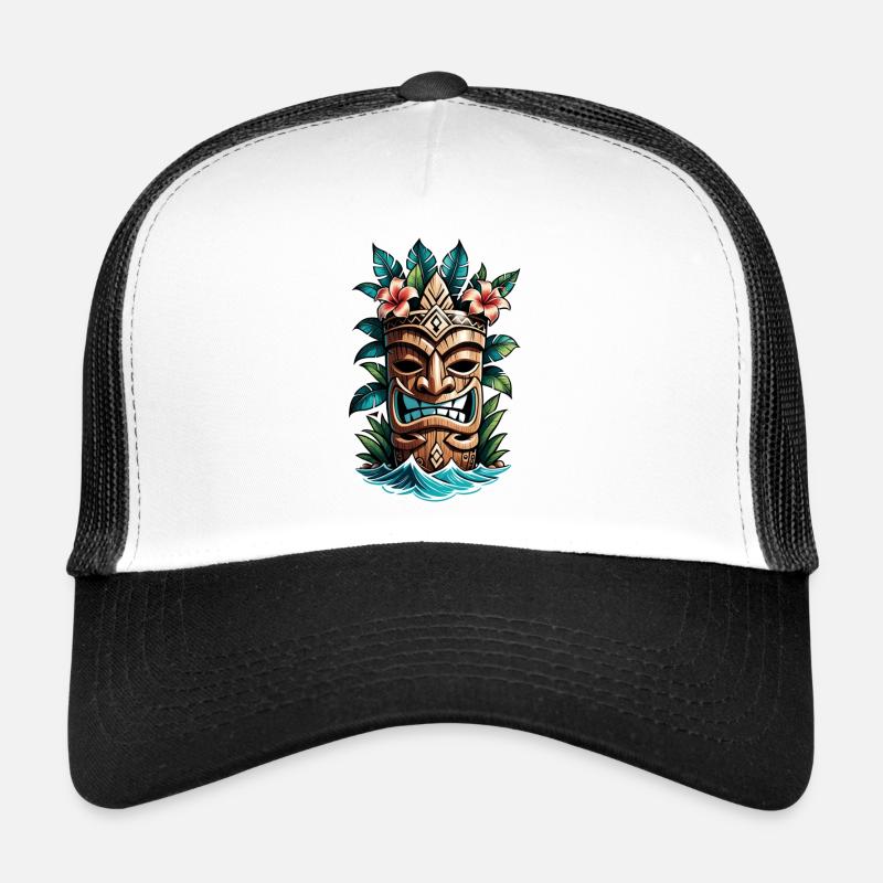 Tiki Beach - Polynesien Statue - Trucker Cap - Weiß/Schwarz