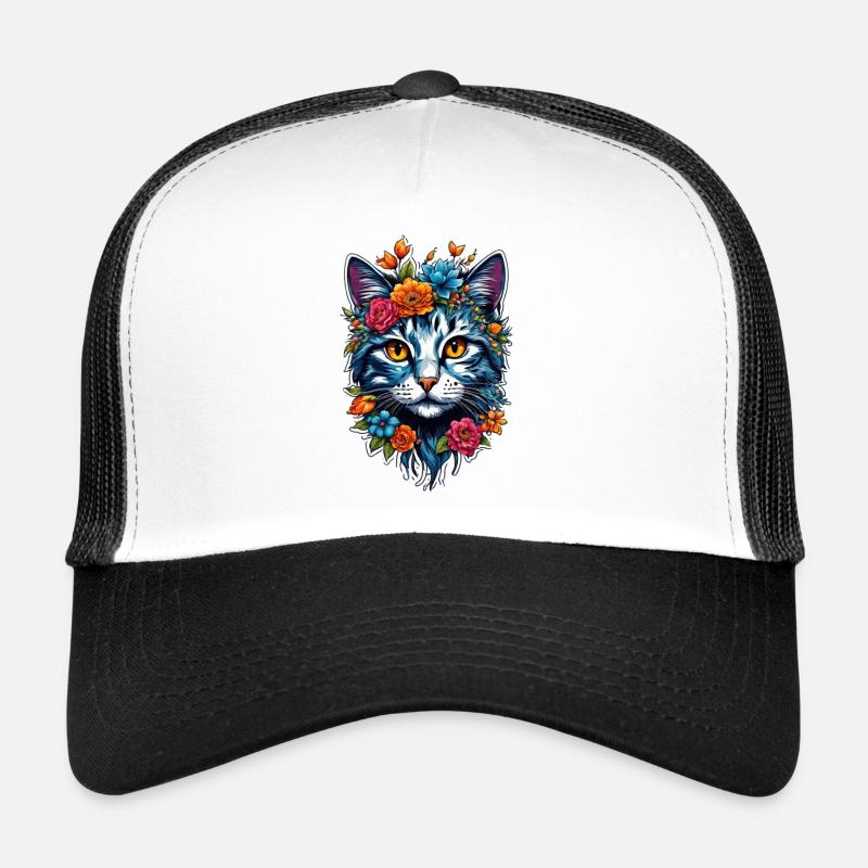 Katze und Blume Aquarell - Trucker Cap - Weiß/Schwarz