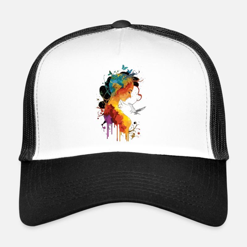 Geerdete Seele mit Schmetterling und Taube - Trucker Cap - Weiß/Schwarz