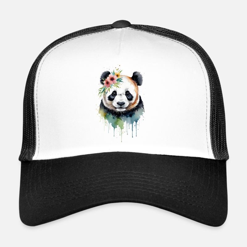 Watercolor Panda Surrounded by Flowers - Trucker Cap - white/black