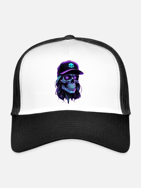 Crâne lueur violet hippie casquette - Casquette trucker  - blanc/noir - Devant
